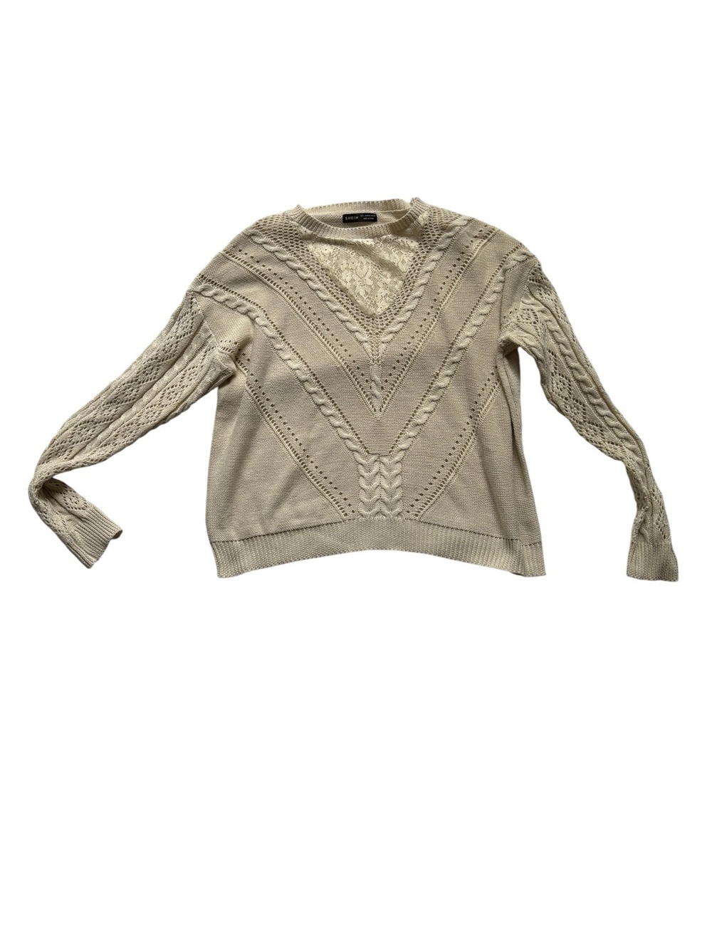 SHEIN Cream Cable V-Panel Crewneck Sweater